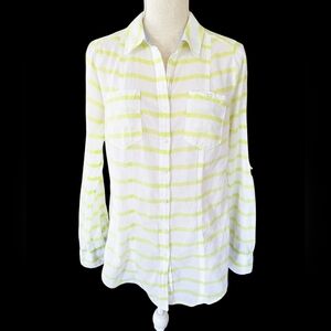 Lane Bryant Size 16 Top Blouse Button Down White Yellow Striped Shirt Lightweigh